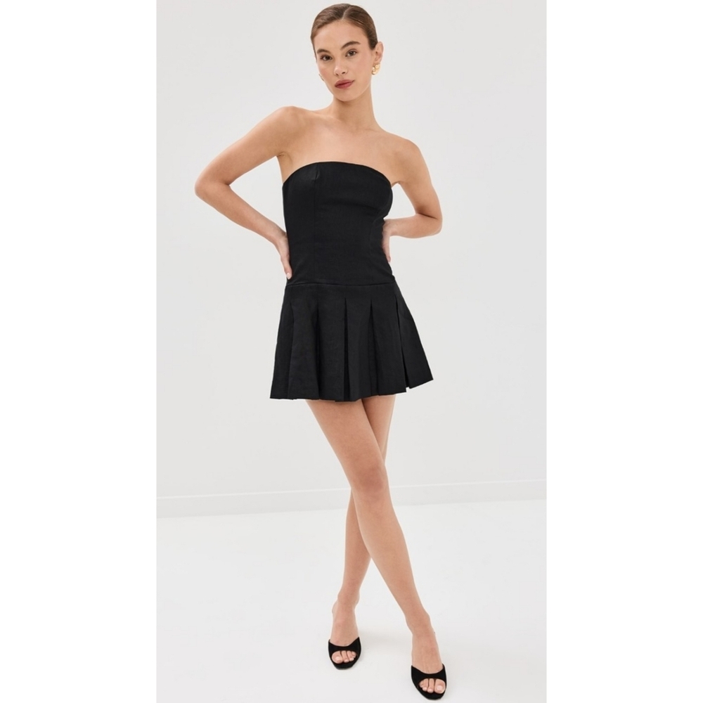 Reformation | Isabeli Pleated Linen Strapless Dress In Black Size 8 Flawed